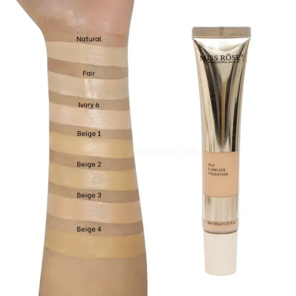 Close-up of Miss Rose liquid foundation texture and shade swatch